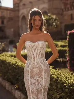 High Neck Long Sleeve Lace Backless Ball Gown — SW173 Ivory wedding dress, full-length side view