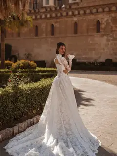 High Neck Long Sleeve Lace Backless Ball Gown — SW173 Ivory wedding dress, view 4
