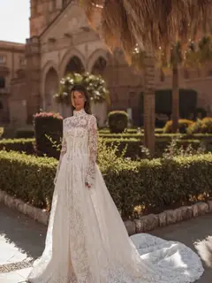 High Neck Long Sleeve Lace Backless Ball Gown — SW173 Ivory wedding dress, view 6