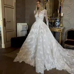 High Neck Sequin Long Sleeve Lace A-Line — SW211 Ivory wedding dress, full-length front view