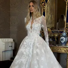 High Neck Sequin Long Sleeve Lace A-Line — SW211 Ivory wedding dress, full-length back view