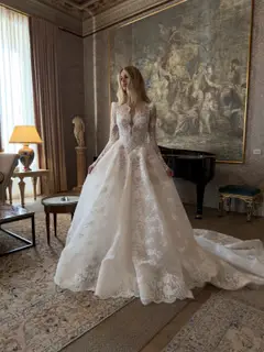 High Neck Sequin Long Sleeve Lace A-Line — SW211 Ivory wedding dress, full-length side view