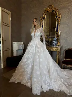 High Neck Sequin Long Sleeve Lace A-Line — SW211 Ivory wedding dress, view 4
