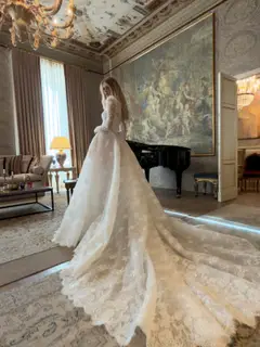 High Neck Sequin Long Sleeve Lace A-Line — SW211 Ivory wedding dress, view 5