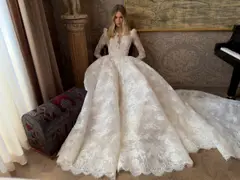 High Neck Sequin Long Sleeve Lace A-Line — SW211 Ivory wedding dress, close-up detail