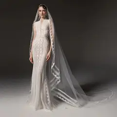 High Neck Sheer Lace Long Sleeves Mermaid with Veil — SW662 Ivory wedding dress, full-length front view