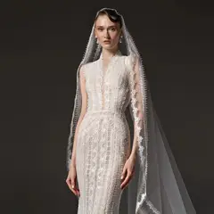 High Neck Sheer Lace Long Sleeves Mermaid with Veil — SW662 Ivory wedding dress, full-length back view