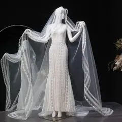 High Neck Sheer Lace Long Sleeves Mermaid with Veil — SW662 Ivory wedding dress, full-length side view