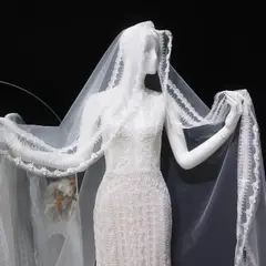 High Neck Sheer Lace Long Sleeves Mermaid with Veil — SW662 Ivory wedding dress, view 4