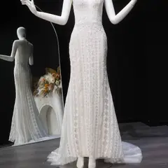High Neck Sheer Lace Long Sleeves Mermaid with Veil — SW662 Ivory wedding dress, view 5