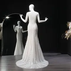 High Neck Sheer Lace Long Sleeves Mermaid with Veil — SW662 Ivory wedding dress, view 8