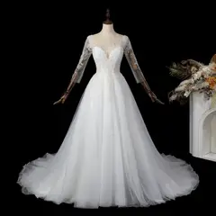 Illusion Neck Lace & Tulle with Cathedral Train — SW709 Ivory wedding dress, full-length back view