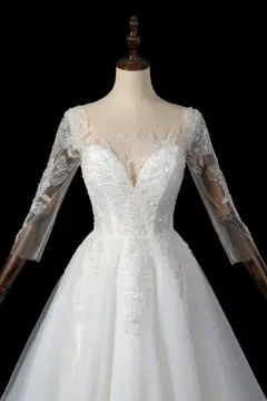 Illusion Neck Lace & Tulle with Cathedral Train — SW709 Ivory wedding dress, full-length side view