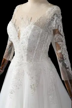 Illusion Neck Lace & Tulle with Cathedral Train — SW709 Ivory wedding dress, view 4