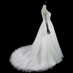 Illusion Neck Lace & Tulle with Cathedral Train — SW709 Ivory wedding dress, view 5