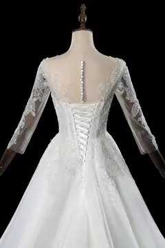 Illusion Neck Lace & Tulle with Cathedral Train — SW709 Ivory wedding dress, view 8