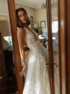 Lace Deep V-Neck Halter Ball Gown with Train — SW185 Ivory wedding dress, full-length back view