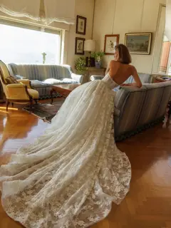 Lace Deep V-Neck Halter Ball Gown with Train — SW185 Ivory wedding dress, full-length side view