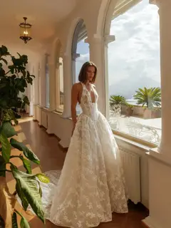 Lace Deep V-Neck Halter Ball Gown with Train — SW185 Ivory wedding dress, view 4