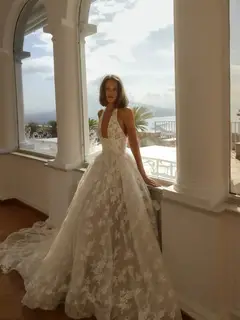Lace Deep V-Neck Halter Ball Gown with Train — SW185 Ivory wedding dress, close-up detail