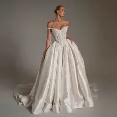 Lace Embroidery Satin Train — SW163 Ivory wedding dress, full-length front view
