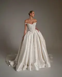 Lace Embroidery Satin Train — SW163 Ivory wedding dress, full-length back view