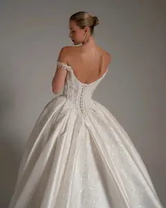 Lace Embroidery Satin Train — SW163 Ivory wedding dress, close-up detail