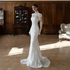 Lace High Neck Long Sleeve A-Line — SW279 Ivory wedding dress, full-length back view