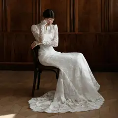Lace High Neck Long Sleeve A-Line — SW279 Ivory wedding dress, full-length side view