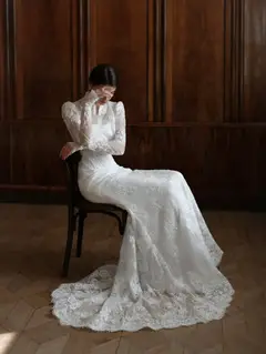 Lace High Neck Long Sleeve A-Line — SW279 Ivory wedding dress, view 4