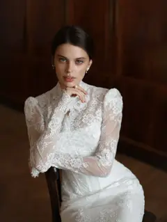 Lace High Neck Long Sleeve A-Line — SW279 Ivory wedding dress, view 5