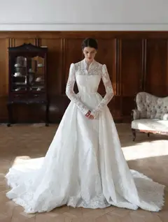 Lace High Neck Long Sleeve A-Line — SW279 Ivory wedding dress, view 6