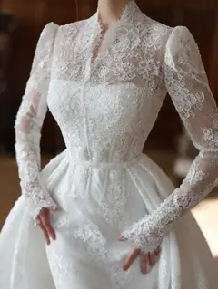 Lace High Neck Long Sleeve A-Line — SW279 Ivory wedding dress, view 7