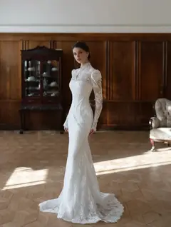 Lace High Neck Long Sleeve A-Line — SW279 Ivory wedding dress, close-up detail
