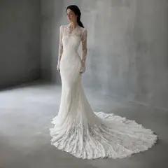 Lace High Neck Long Sleeve Train Mermaid with Veil — SW274 Ivory wedding dress, full-length back view