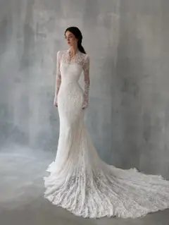 Lace High Neck Long Sleeve Train Mermaid with Veil — SW274 Ivory wedding dress, full-length side view