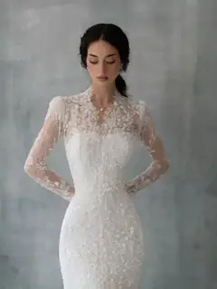Lace High Neck Long Sleeve Train Mermaid with Veil — SW274 Ivory wedding dress, view 4
