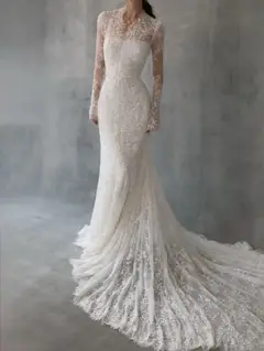 Lace High Neck Long Sleeve Train Mermaid with Veil — SW274 Ivory wedding dress, view 5