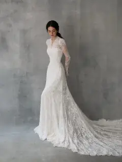 Lace High Neck Long Sleeve Train Mermaid with Veil — SW274 Ivory wedding dress, view 6