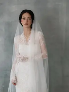Lace High Neck Long Sleeve Train Mermaid with Veil — SW274 Ivory wedding dress, view 7