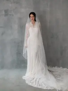 Lace High Neck Long Sleeve Train Mermaid with Veil — SW274 Ivory wedding dress, close-up detail