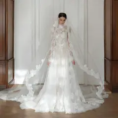 Lace High Neck Long Sleeve with Cathedral Veil — SW277 Ivory wedding dress, full-length front view