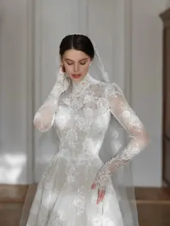 Lace High Neck Long Sleeve with Cathedral Veil — SW277 Ivory wedding dress, full-length back view