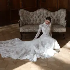 Lace High Neck Long Sleeve with Cathedral Veil — SW277 Ivory wedding dress, full-length side view