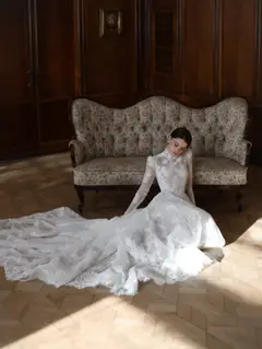 Lace High Neck Long Sleeve with Cathedral Veil — SW277 Ivory wedding dress, view 4