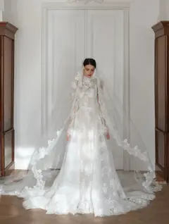 Lace High Neck Long Sleeve with Cathedral Veil — SW277 Ivory wedding dress, view 5