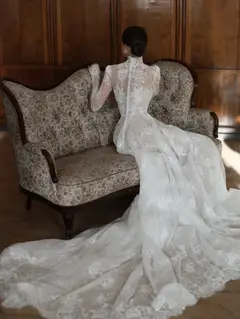 Lace High Neck Long Sleeve with Cathedral Veil — SW277 Ivory wedding dress, view 6