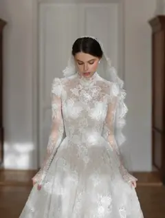 Lace High Neck Long Sleeve with Cathedral Veil — SW277 Ivory wedding dress, view 7
