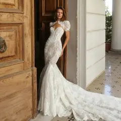 Lace High Neck Puff Sleeve Backless Mermaid — SW180 Ivory wedding dress, full-length front view