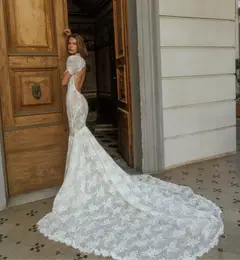 Lace High Neck Puff Sleeve Backless Mermaid — SW180 Ivory wedding dress, full-length side view